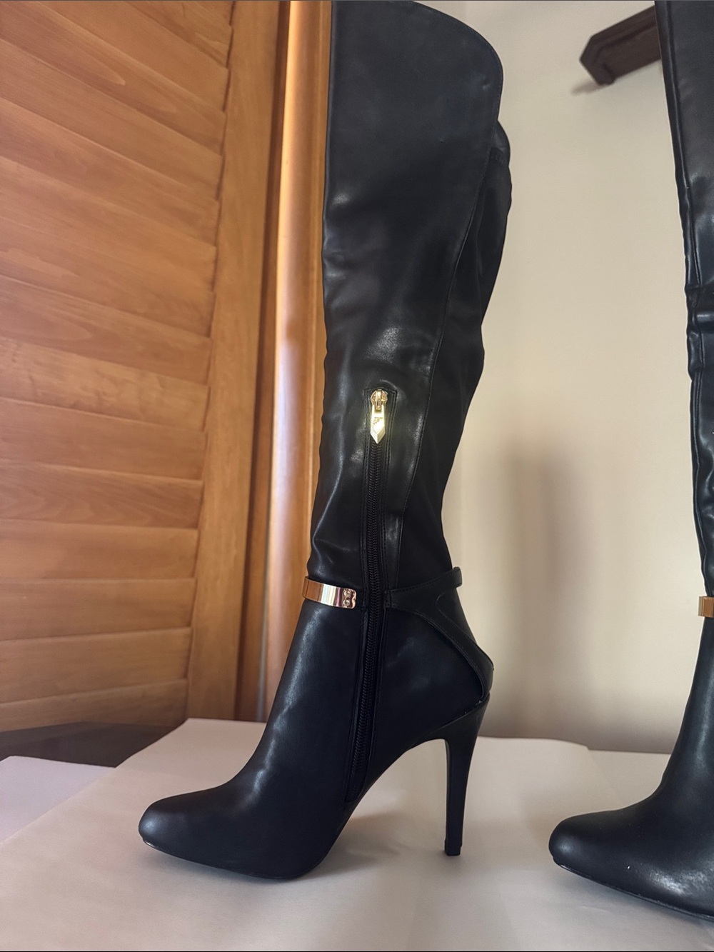 Fergie Black Over-the-Knee Stiletto Boots with Gold Accent Band - Picture 3 of 3